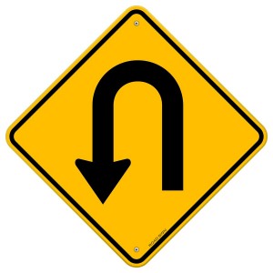 Yellow road sign with turn symbol isolated on white background