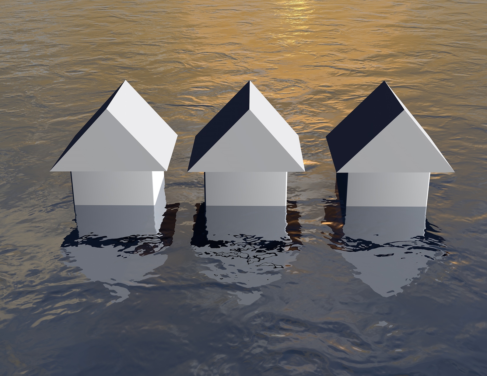 Flood concept with simple 3d houses under water. Abstract illustration.