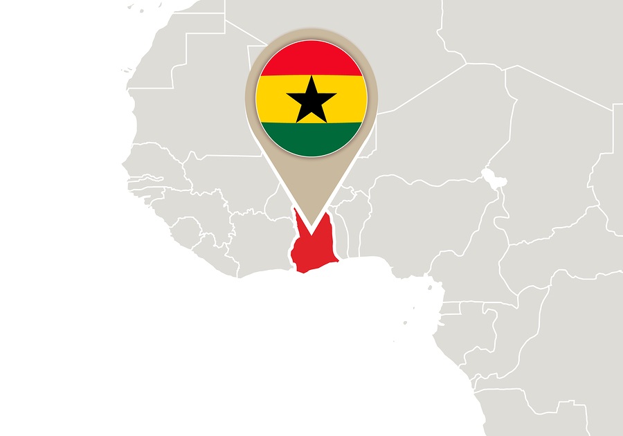 Africa with highlighted Ghana map and flag