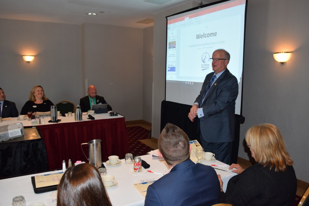 Illinois REALTORS® Director of Government Affairs Greg St. Aubin discusses the association's advocacy efforts with members of the Leadership Development Class in Springfield on April 4, 2016. 