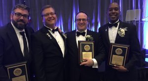 Among those honored Wednesday, Sept. 15, 2016, at a Chicago Association of REALTOR® installation banquet were: Matt Ferrell; 2016 CAR President Dan Wagner, who gave the awards; 2017 CAR President Matt Silver and Maurice Hampton.