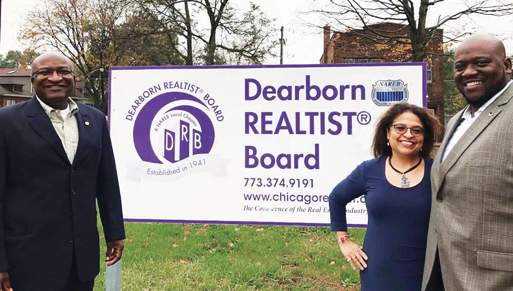 The Dearborn REALTIST® Board (DRB) headquarters stands at 8454 S. Stony Island Avenue in Chicago. (L-R) Ronald Branch - NAREB/DRB Past President, Millie Reyes-Williams - DRB Board of Director and Courtney Q. Jones - DRB President. - PHOTO BY ANN LONDRIGAN