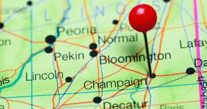 Map with pin inserted on Champaign Illinois