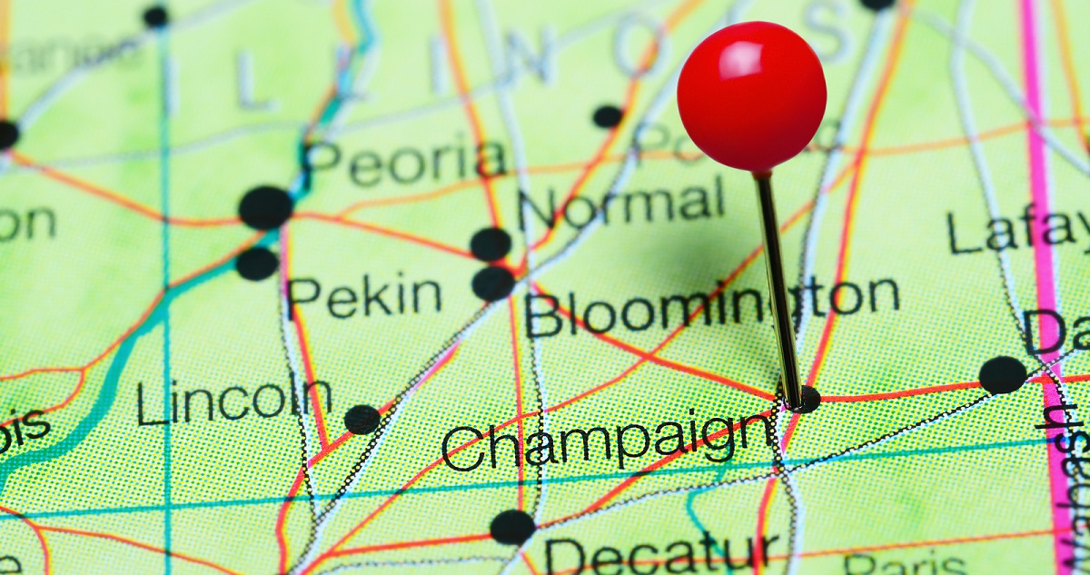 Map with pin inserted on Champaign Illinois