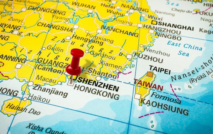 map of southern China with push pin on city of Hong Kong