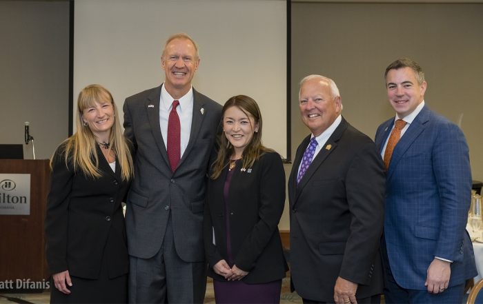 Photo of Sharon Gorrell, Illinois Governor Bruce Rauner, Ayumi DeLoney, Gary Clayton and Matt Difanis.