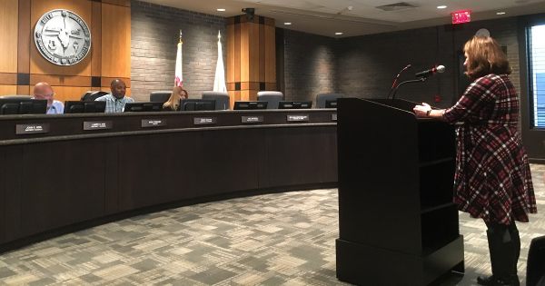 Photo of REALTOR® Karen Robertson testifying before the Joliet City Council Land Use Committee.