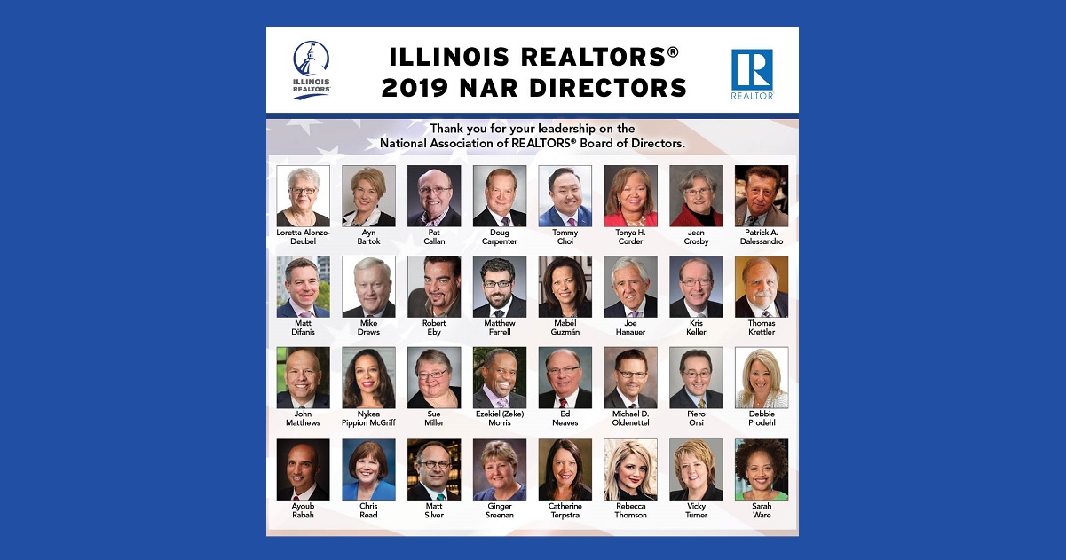 Grid of portraits of 32 Illinois REALTORS on NAR Board of Directors