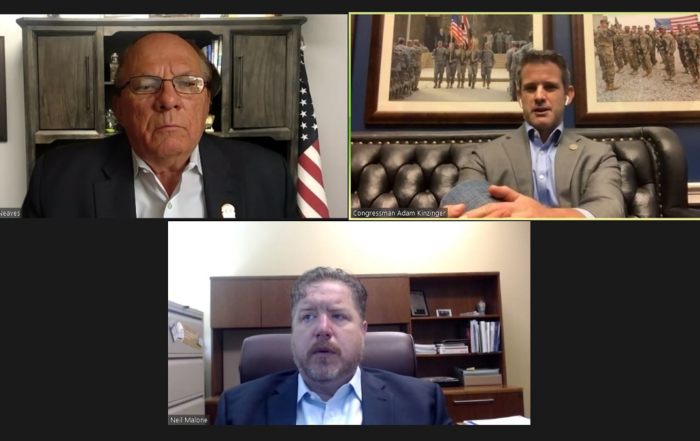 screen grab of Ed Neaves Adam Kinzinger and Neil Malone on Zoom