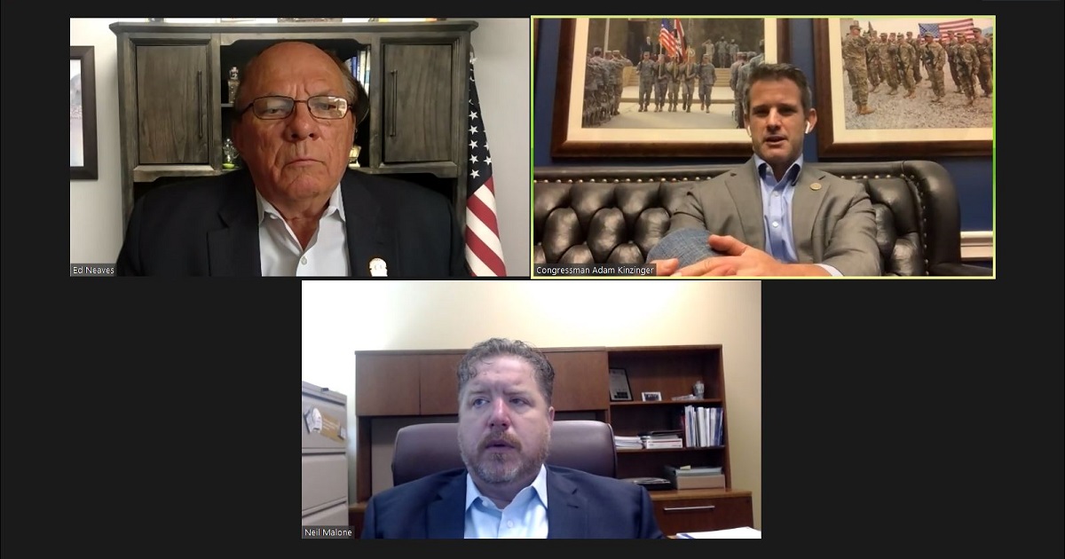 screen grab of Ed Neaves Adam Kinzinger and Neil Malone on Zoom